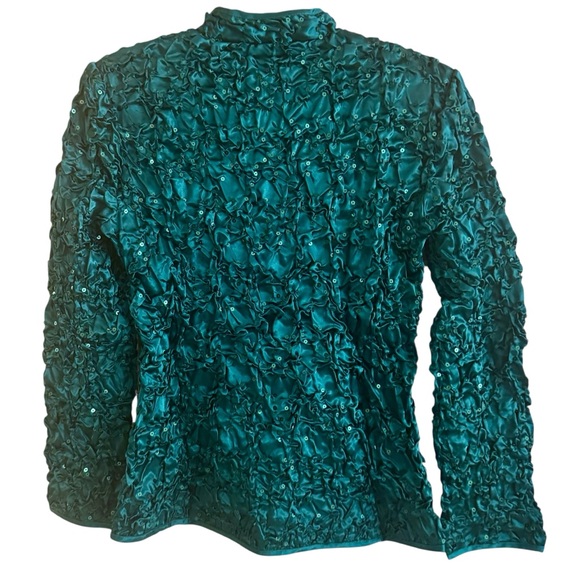 ADRESSING WOMAN Jacket Womens Medium Teal Green Sequin Ruched Full Zip Evening - Picture 4 of 7